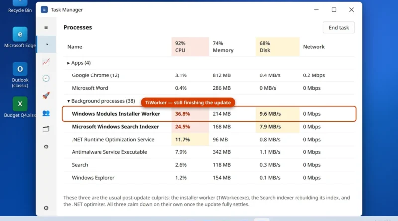 Task Manager showing Windows Modules Installer Worker and Search Indexer using high CPU on a PC slow after a Windows 11 update