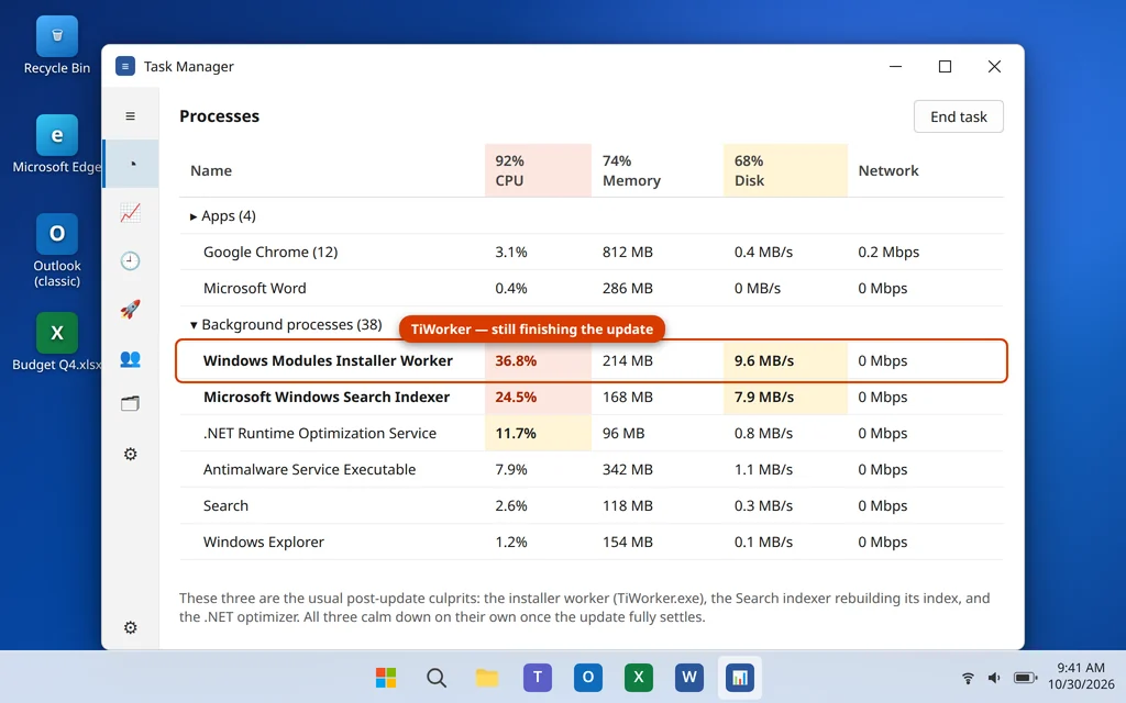 Task Manager showing Windows Modules Installer Worker and Search Indexer using high CPU on a PC slow after a Windows 11 update