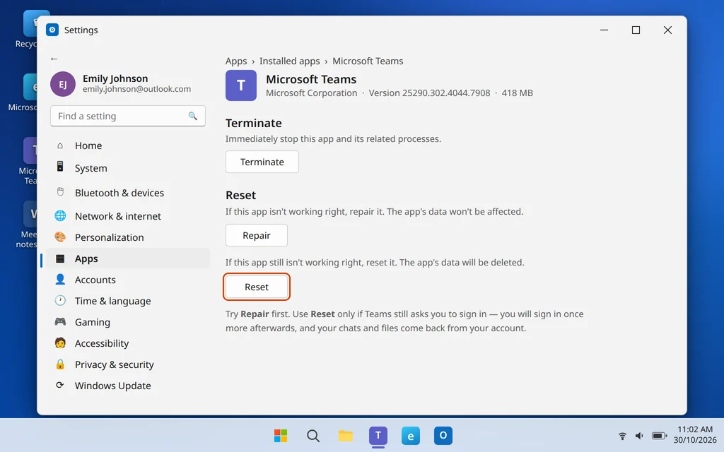 Microsoft Teams Advanced options in Windows Settings with Repair and Reset buttons