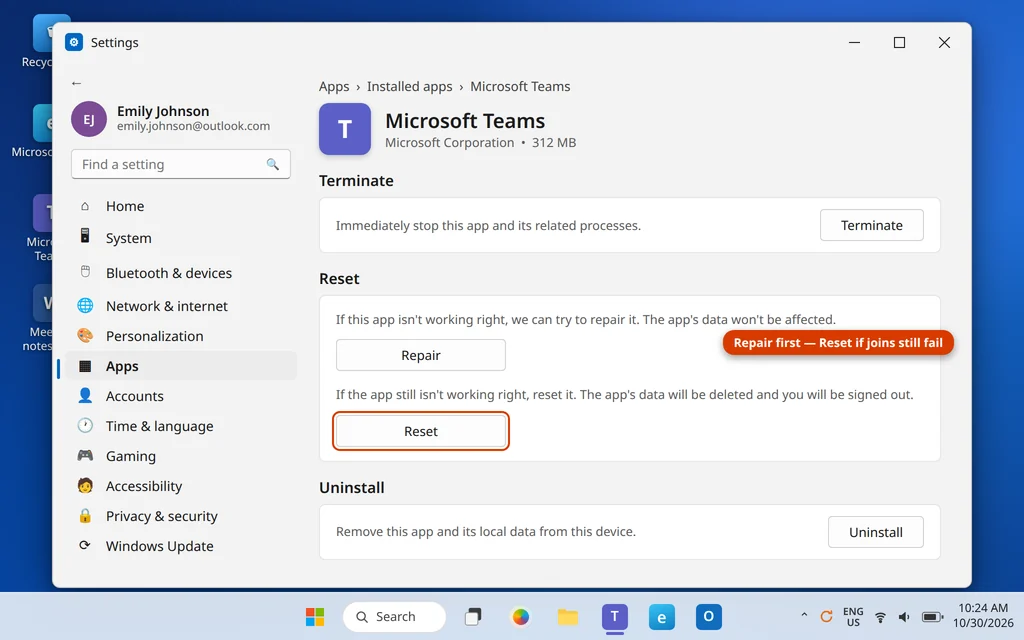 Repair and Reset Microsoft Teams in Windows Settings Advanced options