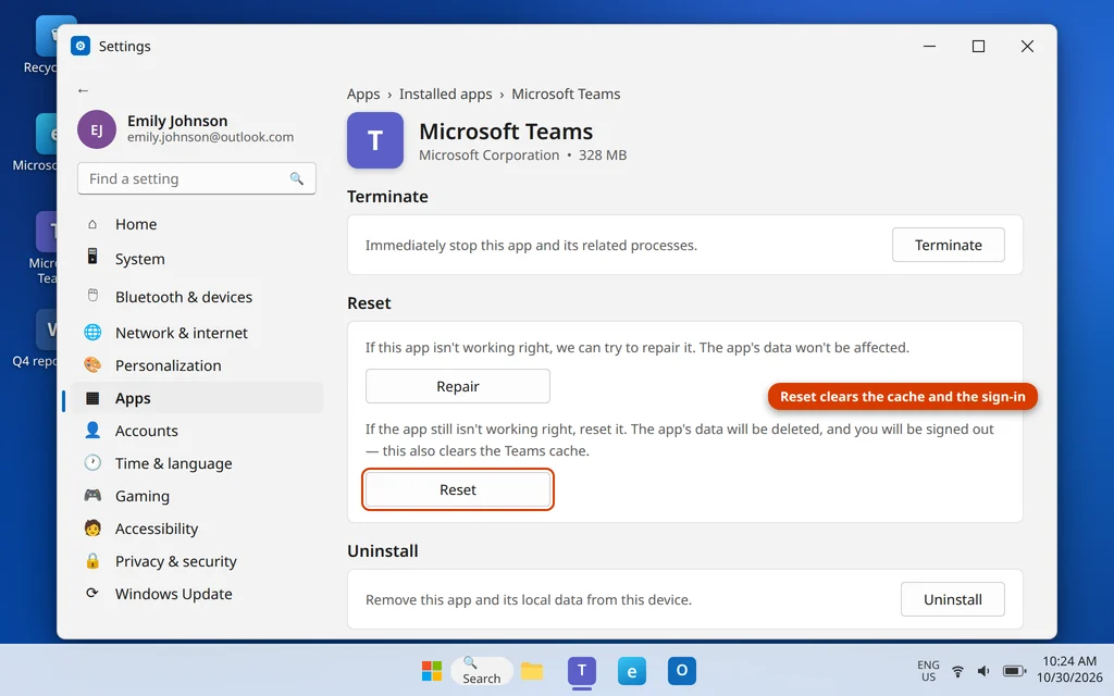 Reset Microsoft Teams in Windows Settings Advanced options to clear its cache