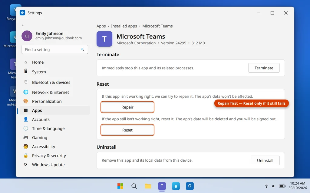 Repair and Reset Microsoft Teams in Windows Settings Advanced options