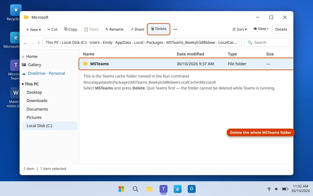 MSTeams cache folder selected for deletion in File Explorer LocalCache Microsoft folder