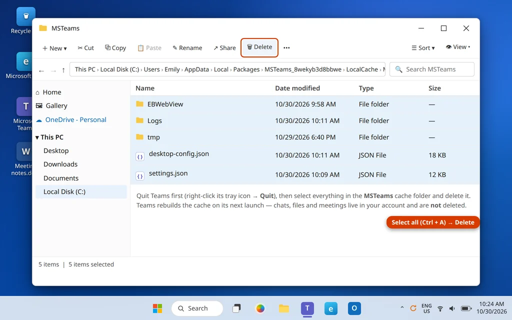 The new Microsoft Teams cache folder in File Explorer with its contents selected