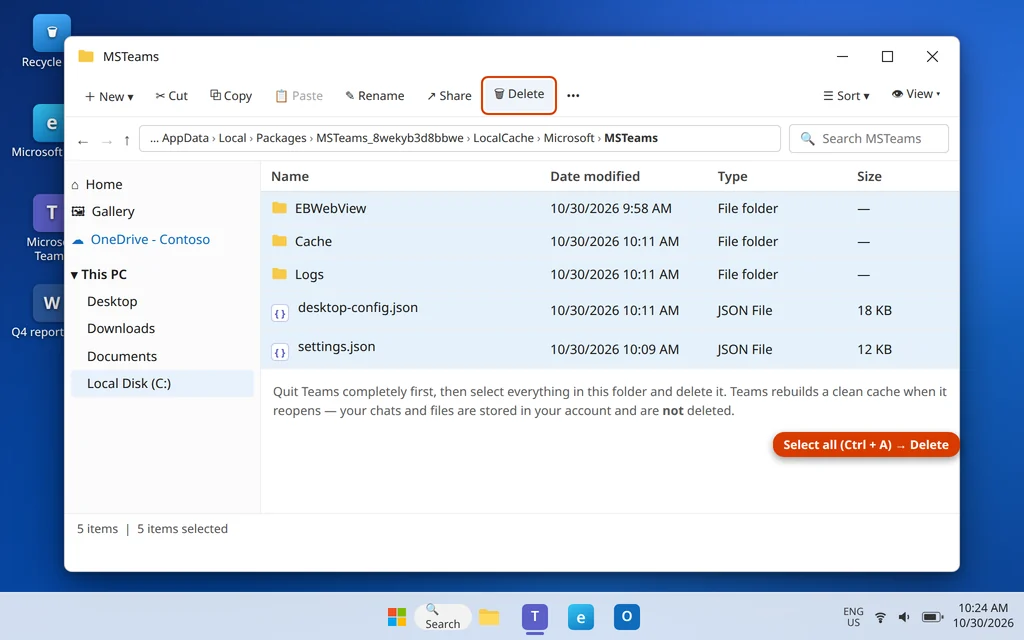The Microsoft Teams cache folder in File Explorer with its contents selected for deletion