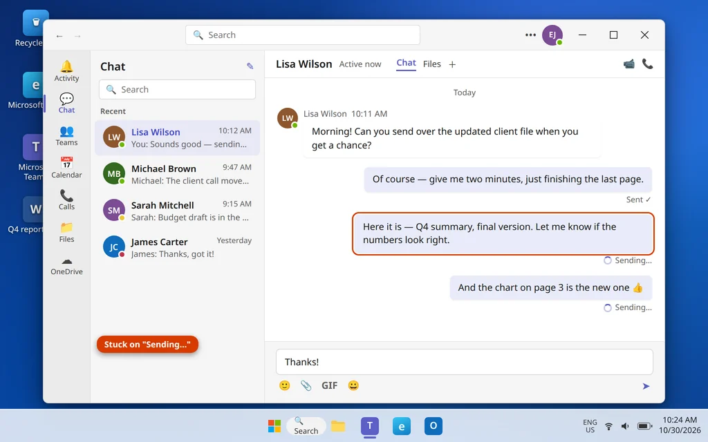 A Teams chat message stuck on Sending with a spinner in Microsoft Teams