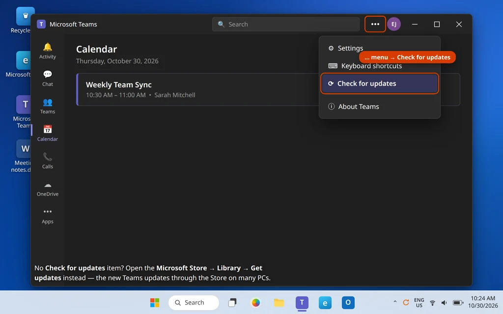 Check for updates in the Microsoft Teams Settings and more menu