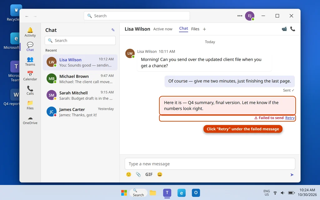 Failed to send message in Microsoft Teams with the Retry option underneath