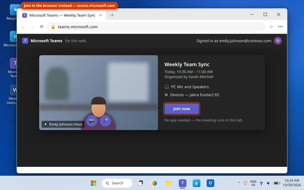 Joining a Teams meeting from the web at teams.microsoft.com in a browser