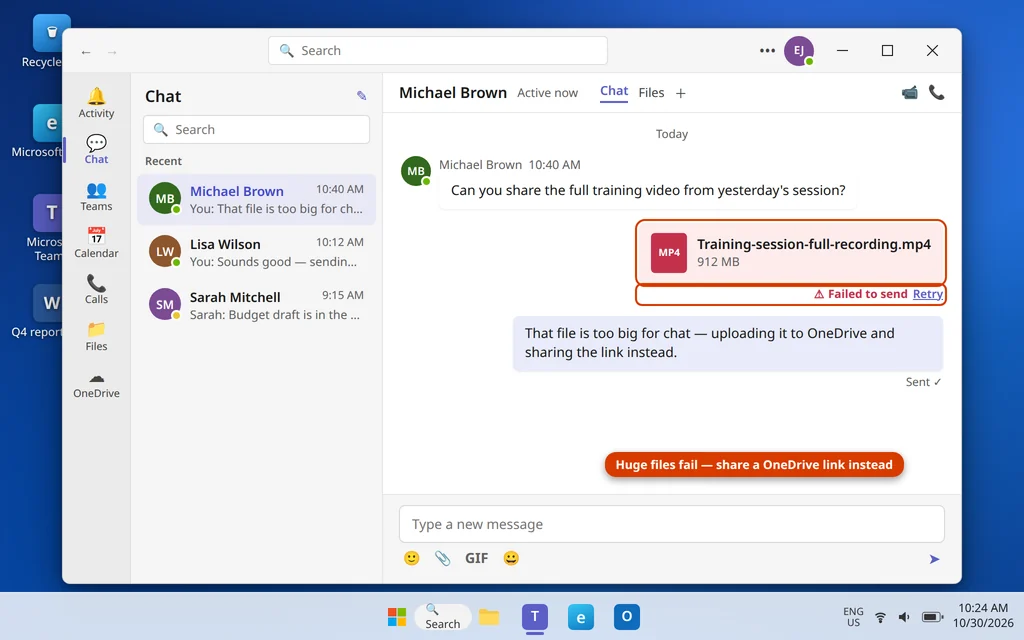 A large video file that failed to send in a Teams chat with the Failed to send warning