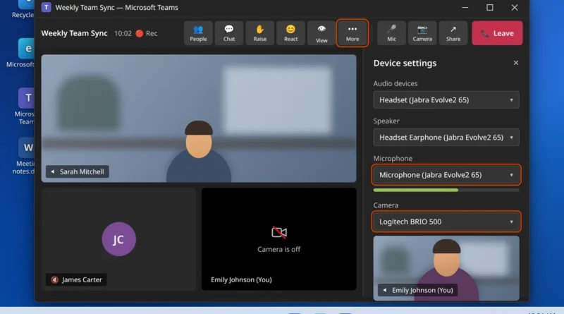Teams meeting Device settings panel showing camera and microphone selection