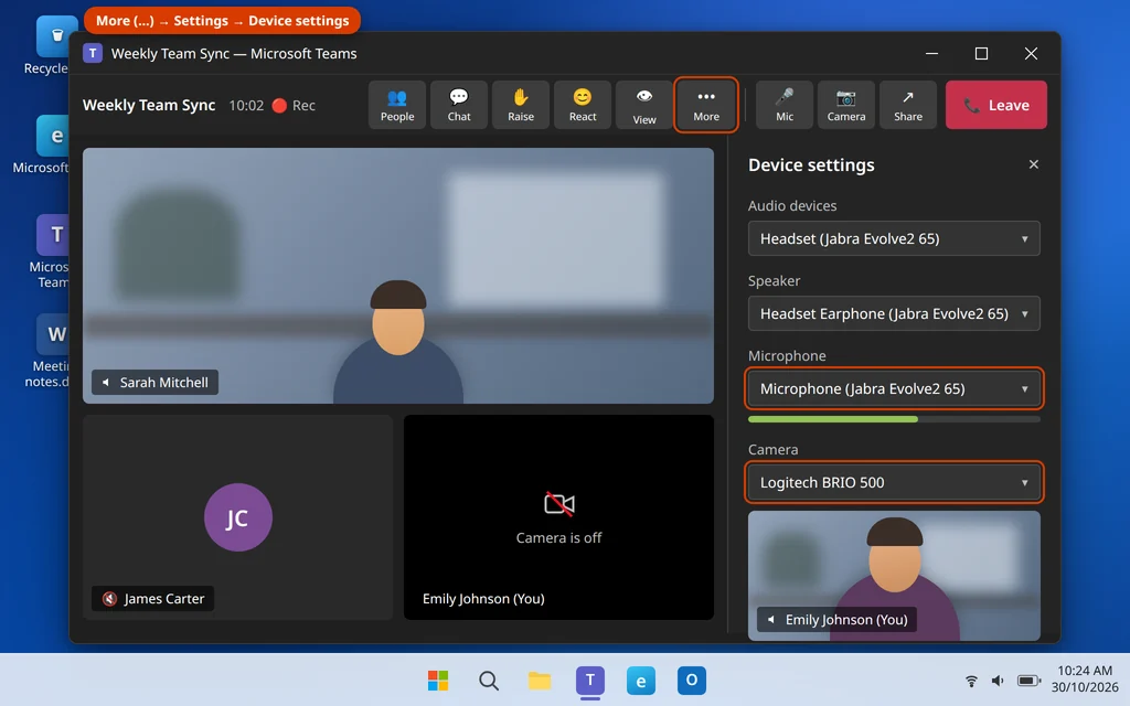 Teams meeting Device settings panel showing camera and microphone selection
