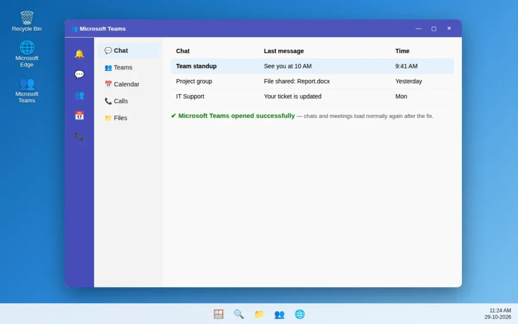 Microsoft Teams opened successfully showing the chats list