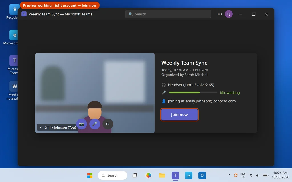 Microsoft Teams pre-join screen with camera preview working and Join now ready