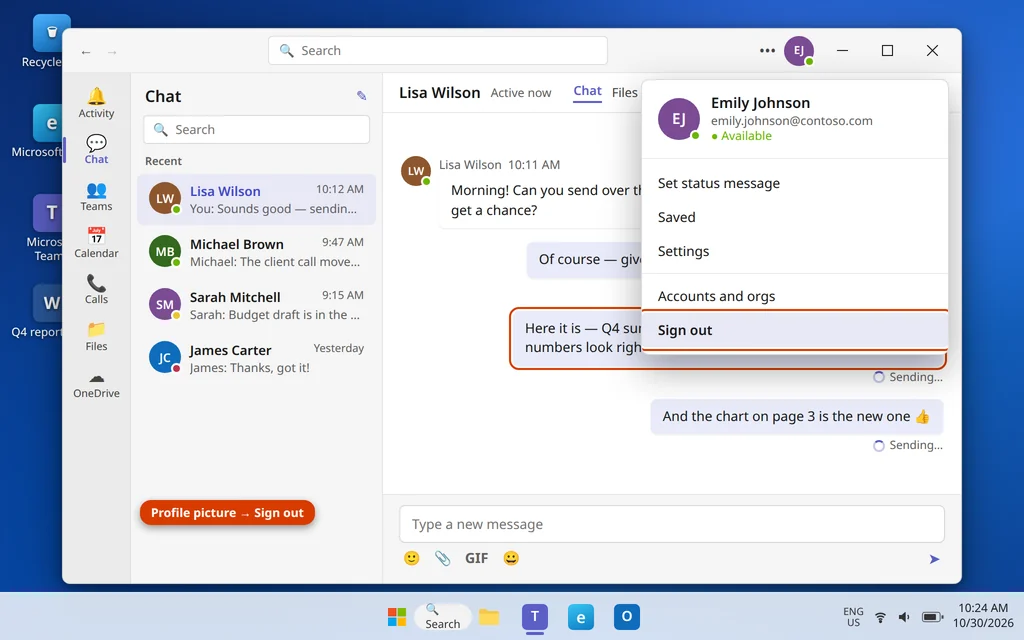 Sign out of Microsoft Teams from the profile picture menu to refresh the sign-in