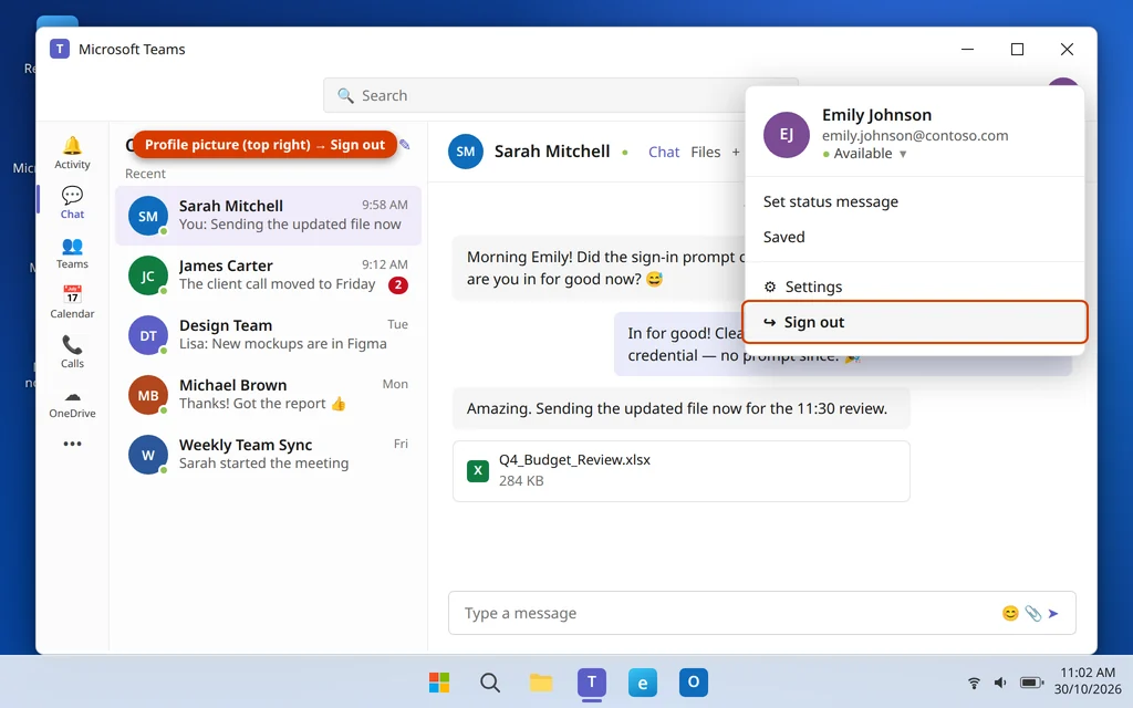 Profile menu in Microsoft Teams with Sign out highlighted