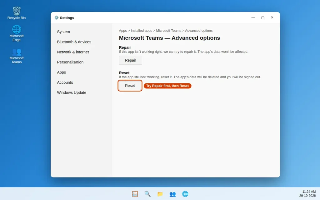 Repair and Reset Microsoft Teams from Windows Settings Advanced options