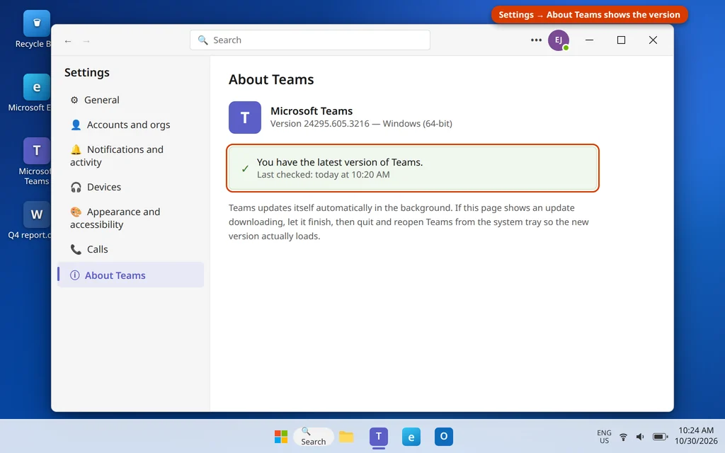 The About Teams page in Settings showing the Teams version and update status