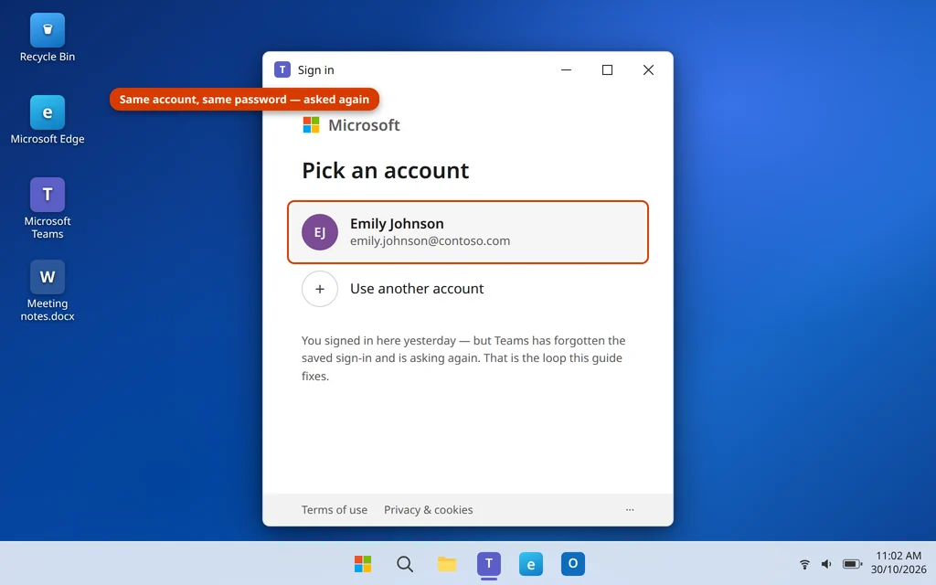 Microsoft Teams sign-in screen asking to pick an account and sign in again