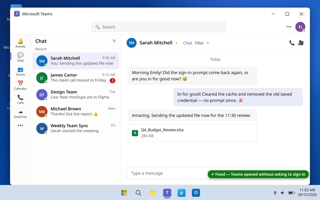 Microsoft Teams open and signed in showing the chat list without a sign-in prompt