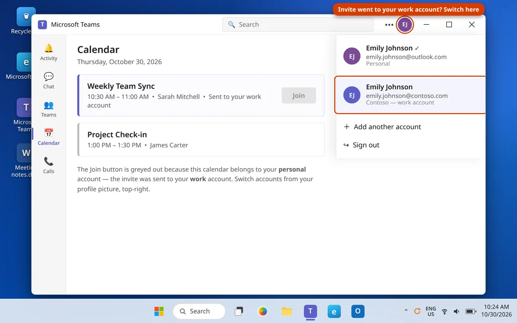 Switching between a personal and a work account in the Microsoft Teams profile menu