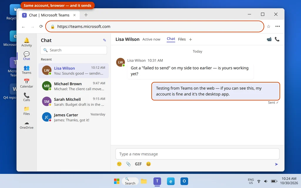 Sending a message from Microsoft Teams on the web at teams.microsoft.com