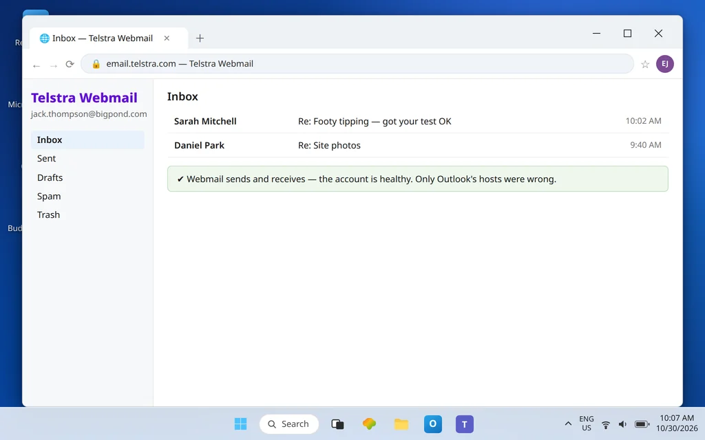 Telstra Webmail signed in with the bigpond.com address confirming the account can send before Outlook is retested