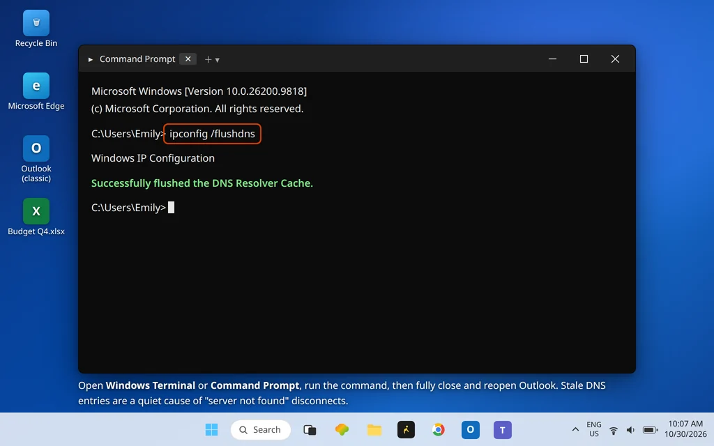 Command Prompt running ipconfig flushdns to clear stale DNS entries that disconnect Outlook