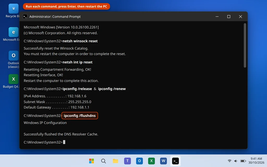 Running netsh winsock reset and ipconfig flushdns commands in an administrator Command Prompt