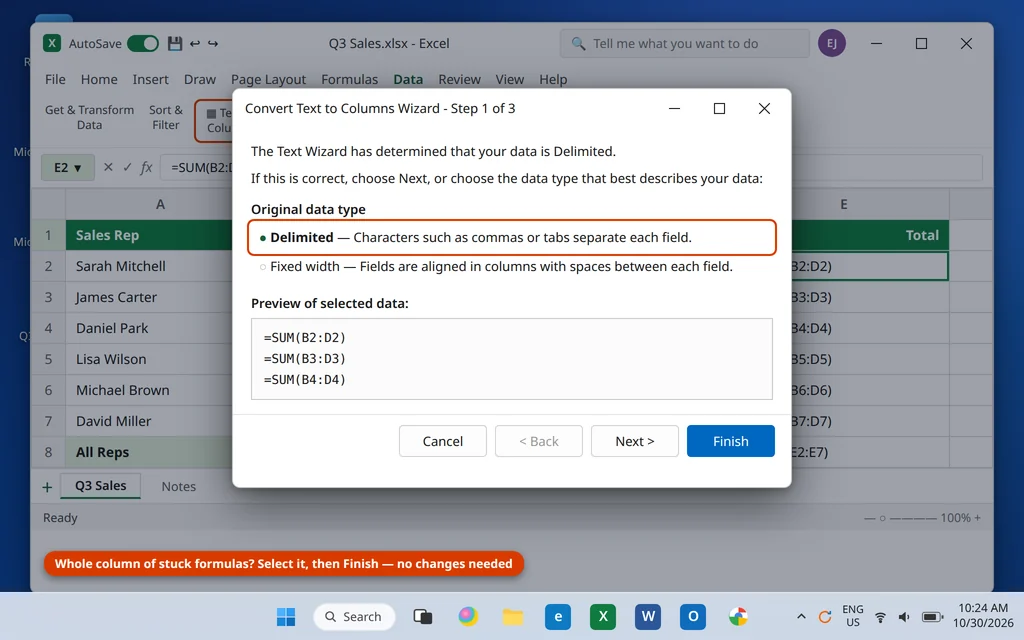 Text to Columns wizard used to reactivate a whole column of formulas formatted as text
