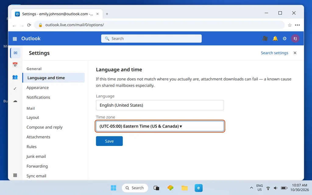 Outlook.com Settings General Language and time page with the time zone set to Eastern Time highlighted