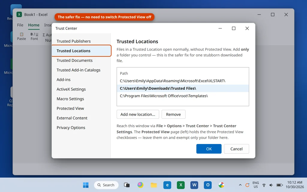 Protected View settings in the Excel Trust Center with Trusted Locations as the safer option