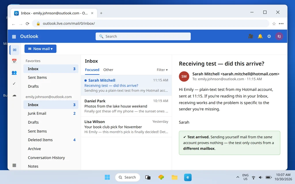 Outlook.com inbox with a plain-text receiving test sent from a different mailbox arrived and opened successfully