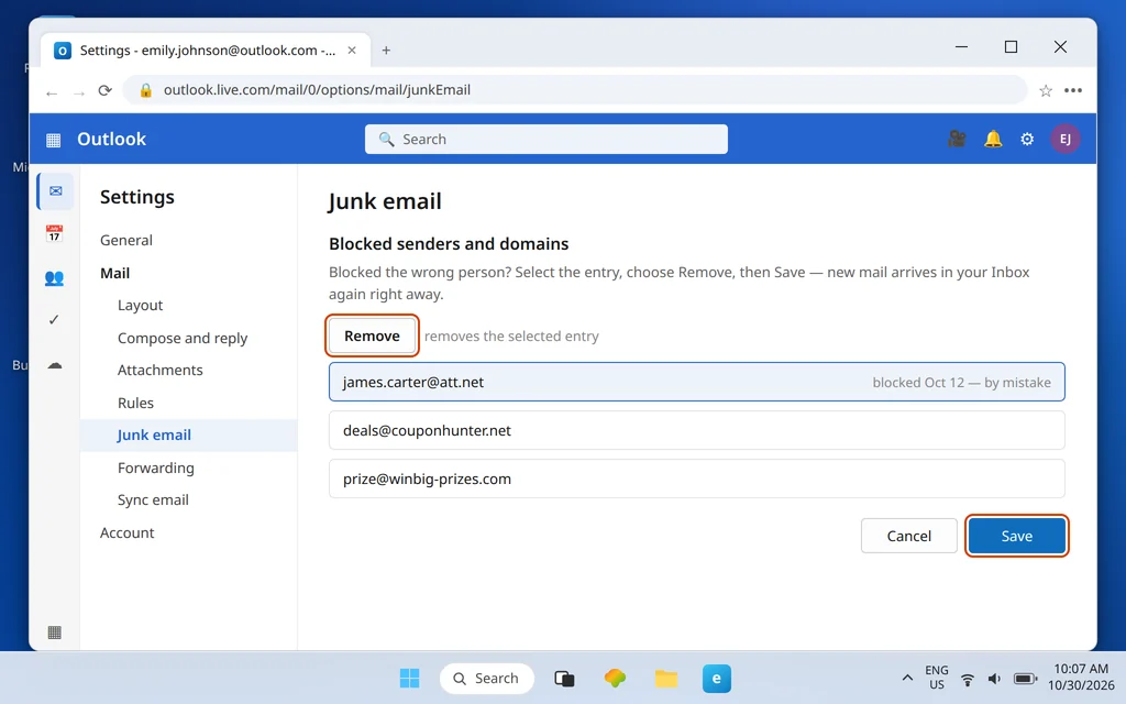 Outlook.com Blocked senders and domains list with one entry selected and Remove highlighted to unblock the sender