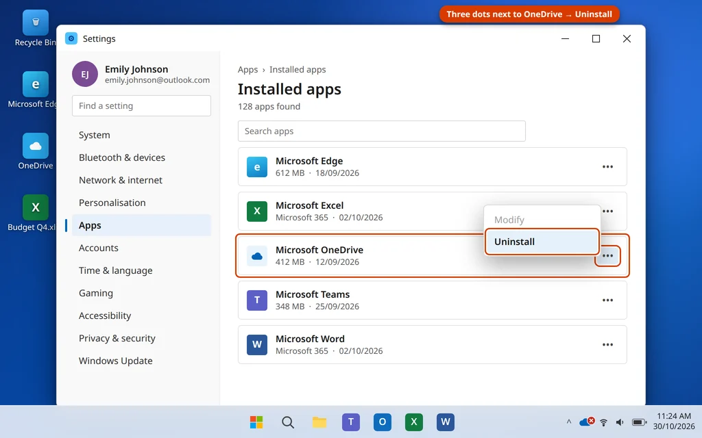 Uninstall Microsoft OneDrive from Settings Installed apps in Windows 11