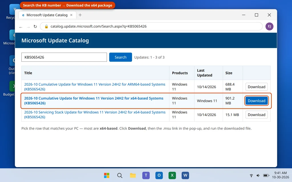 Microsoft Update Catalog search results with a Download button for a Windows 11 cumulative update