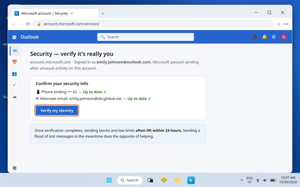 Microsoft account security page showing phone and alternate email security info up to date with a verify my identity button