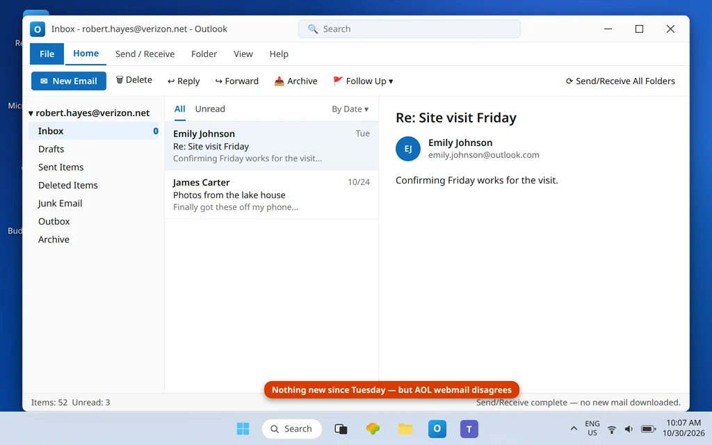 Classic Outlook showing the verizon.net inbox stuck without new mail because it is still using old settings and the account password
