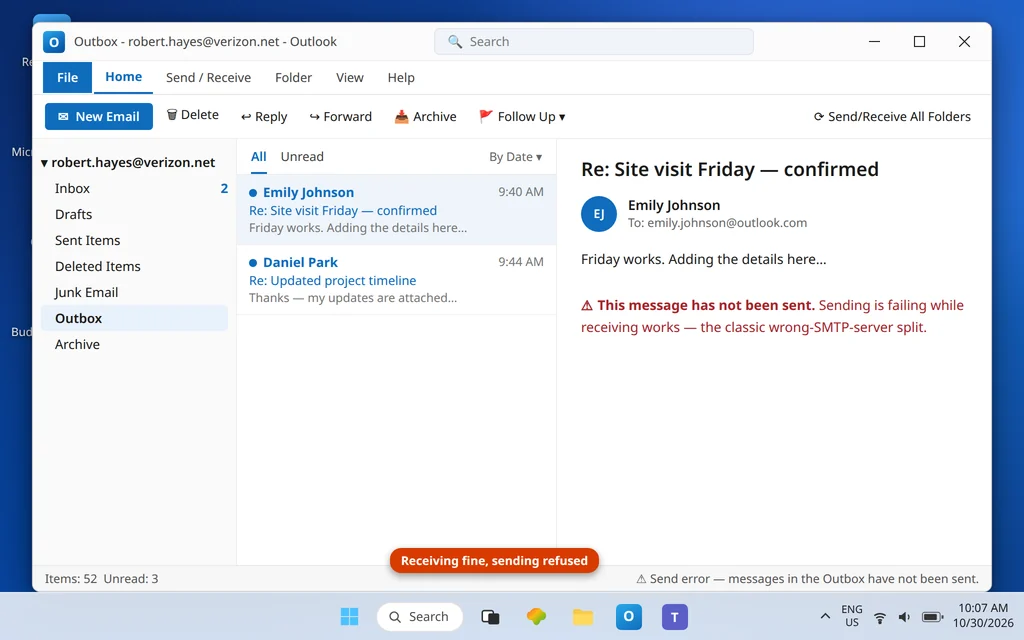 Classic Outlook with messages stuck in the Outbox of a verizon.net account and a send error after using the wrong SMTP server