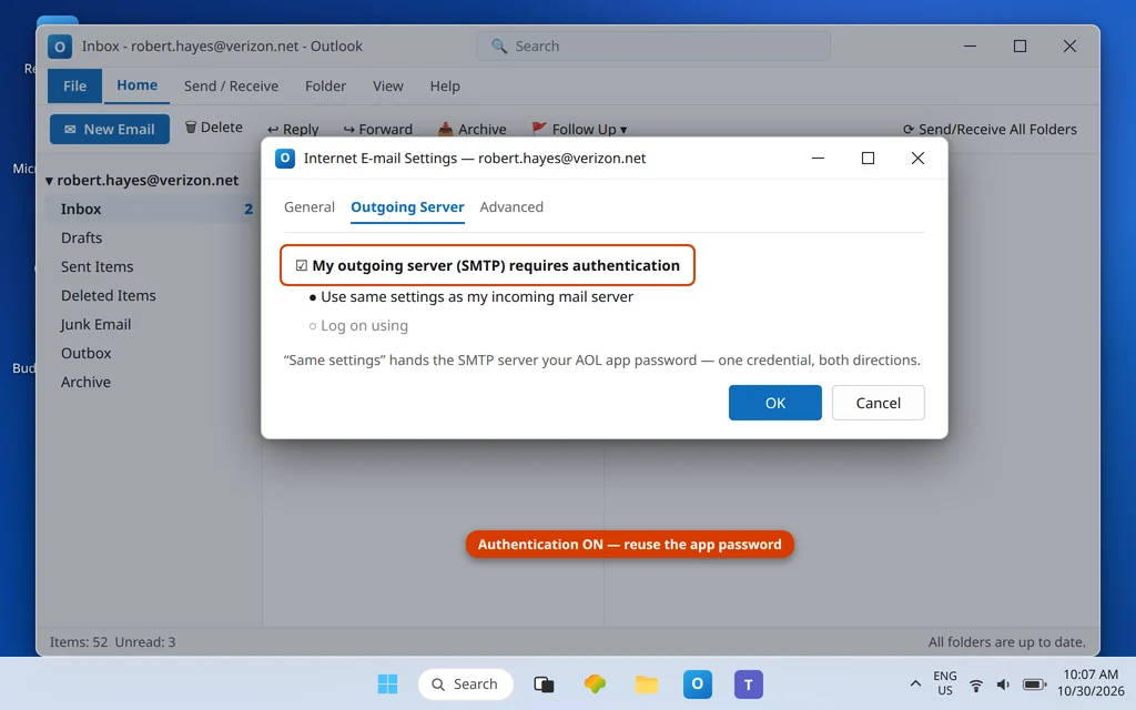 Outlook More Settings Outgoing Server tab with SMTP authentication ticked and set to use the same settings as the incoming AOL app password sign-in