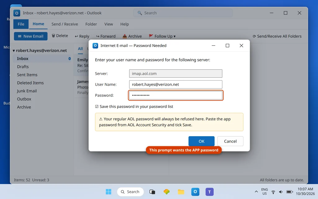 Outlook password prompt for imap.aol.com where the AOL app password must be entered instead of the regular account password