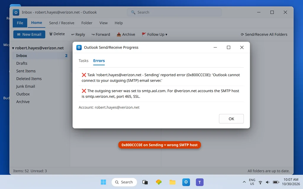 Outlook Send Receive errors tab showing the sending task failing for the verizon.net account with error 0x800CCC0E against the wrong SMTP server