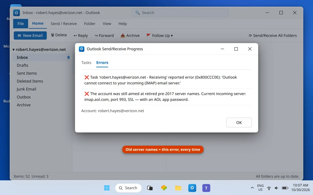 Outlook Send Receive errors tab showing the verizon.net receiving task failing against the old server before the AOL settings fix