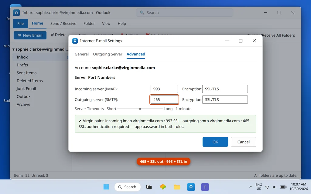 Outlook Advanced settings for Virgin Media showing outgoing port 465 with SSL and incoming port 993