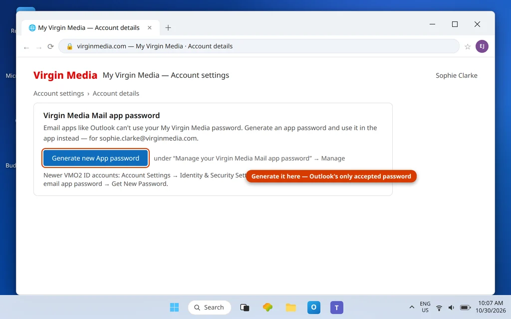 My Virgin Media account details page showing Manage your Virgin Media Mail app password and Generate new App password