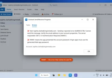 Outlook Send Receive error 0x800CCC78 showing the server response 530 5.1.0 Authentication Required VM401 for the Virgin Media account