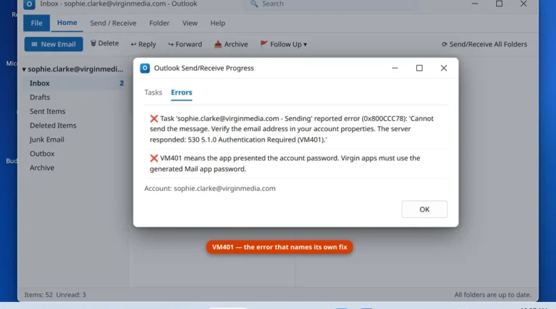 Outlook Send Receive error 0x800CCC78 showing the server response 530 5.1.0 Authentication Required VM401 for the Virgin Media account