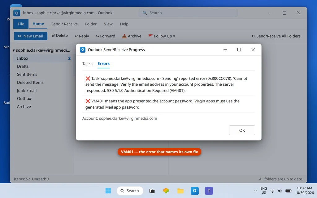 Outlook Send Receive error 0x800CCC78 showing the server response 530 5.1.0 Authentication Required VM401 for the Virgin Media account