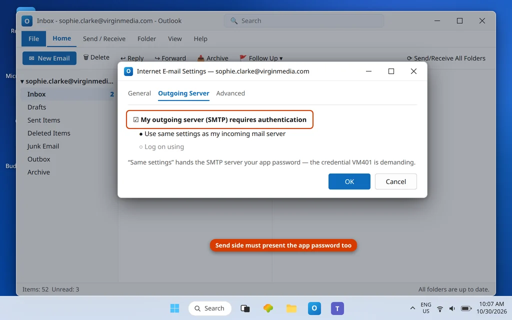 Outlook Outgoing Server settings with authentication enabled so Virgin Media sending uses the app password