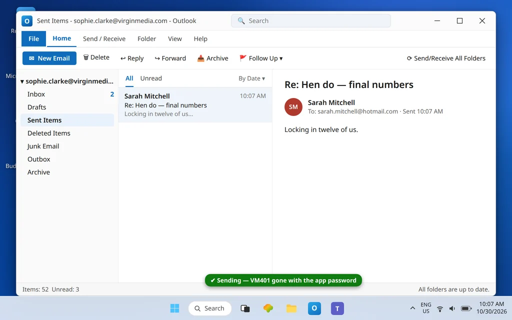 Classic Outlook Sent Items showing the test message sent from the virginmedia.com account after entering the app password with VM401 gone